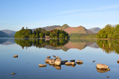 Scenic view of lake and mountains against sky