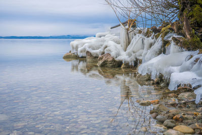 Frozen sea against sky during winter