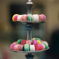 Close-up of multi-colored macarons.
