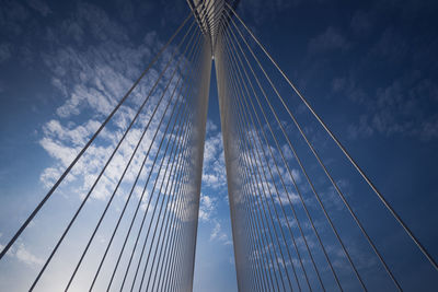 Low angle view of suspension bridge against blue sky