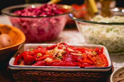 Close-up of strawberries in bowl on table