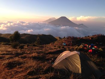 Scenic view of mountains against sky during sunset