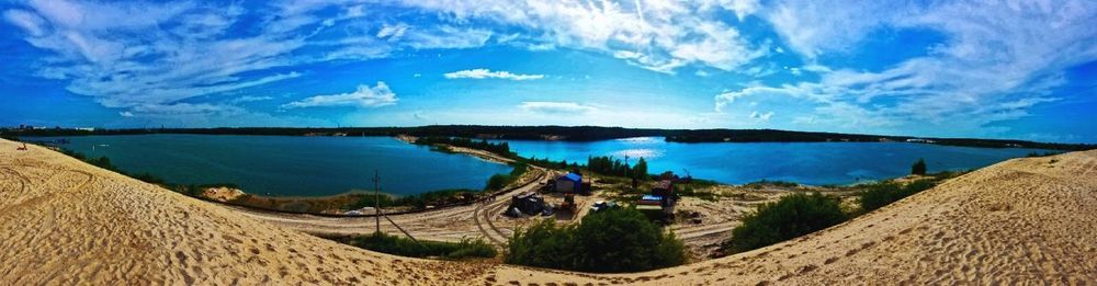 Panoramic view of landscape against blue sky