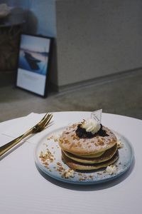 High angle view of dessert in plate on table