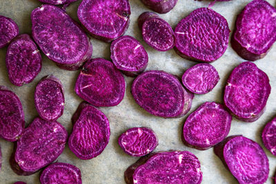 Close-up of chopped sweet potato on cutting board 