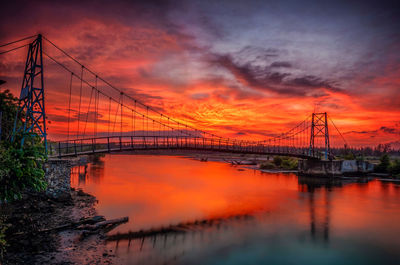 Bridge over river against cloudy sky during sunset