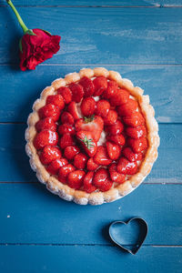 High angle view of strawberries on table