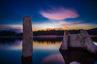 Scenic view of lake against sky at sunset