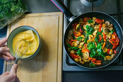 High angle view of food in bowl on kitchen counter 