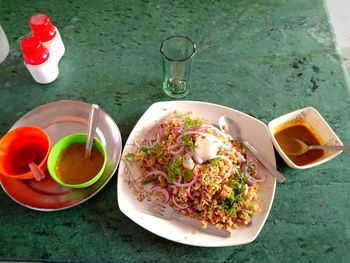 High angle view of meal served on table