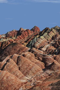 Scenic view of rock formations against clear blue sky