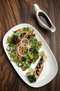 High angle view of food in plate on table