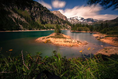 Scenic view of lake and mountains