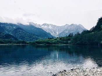 Scenic view of lake and mountains against sky