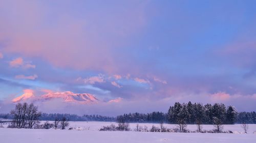 Scenic view of snow field against sky during sunset