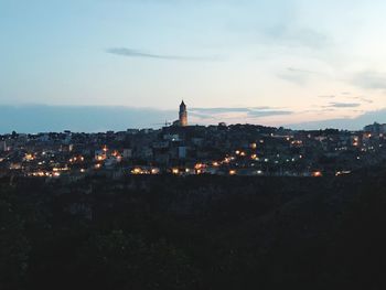 High angle view of illuminated buildings against sky