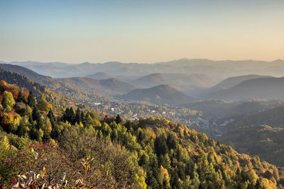 High angle view of mountains against sky