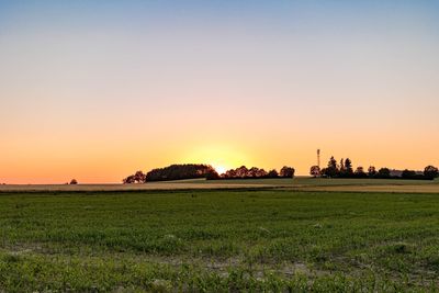 Scenic view of grassy field against clear sky at sunset