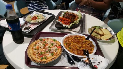 High angle view of meal served on table