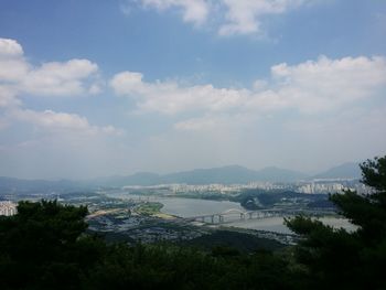 Scenic view of river against cloudy sky