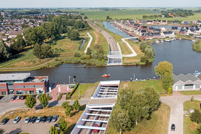 High angle view of buildings in city