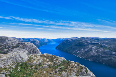 Scenic view of mountains against blue sky