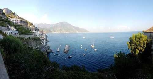 High angle view of town by sea