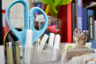 Close-up of multi colored objects on table