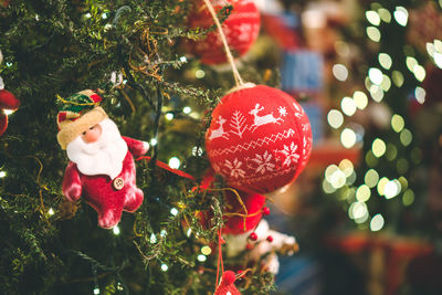 Close-up of christmas decorations hanging on tree
