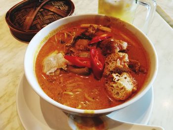 High angle view of soup in bowl on table