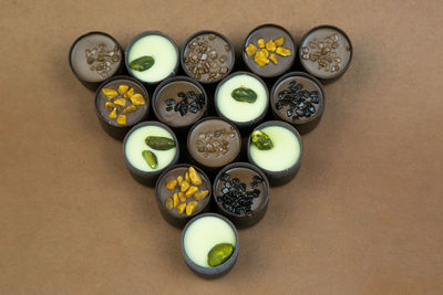 High angle view of candies on table