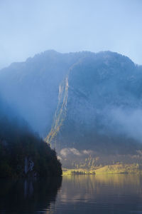 Scenic view of lake and mountains against clear sky