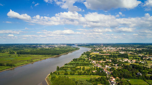 Aerial view of landscape and river against sky