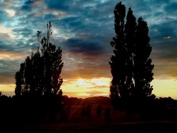 Silhouette trees on landscape against sunset sky