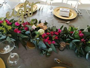 High angle view of flower vase on table