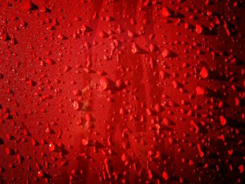 Full frame shot of water drops on red metal