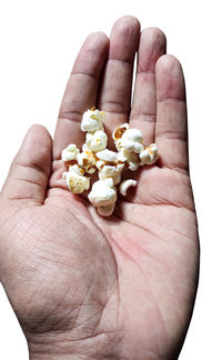 Close-up of human hand holding white flower