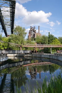 Reflection of blast furnace  against sky in duisburg 