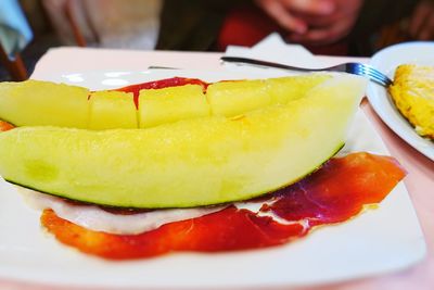 Close-up of dessert served on table