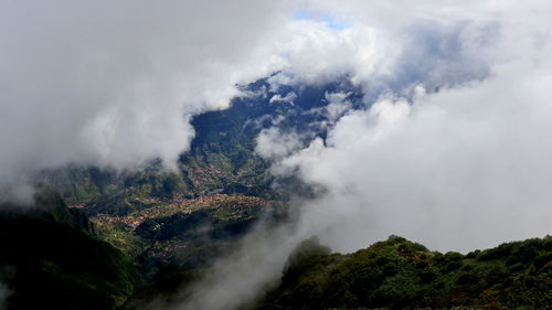 Scenic view of waterfall against sky