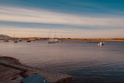 Sailboats moored in sea at sunset