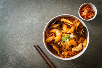 High angle view of noodles in bowl