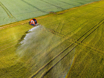 High angle view of toy car on field