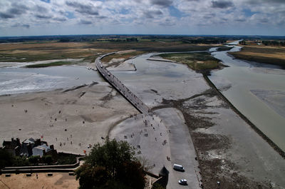 High angle view of coast and town 