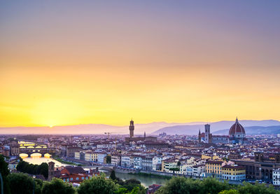 High angle view of city buildings during sunset