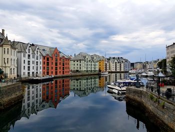 Reflection of buildings in canal against sky