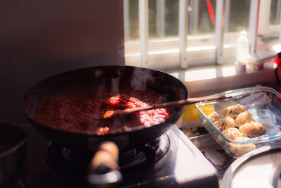 Close-up of meat on barbecue grill