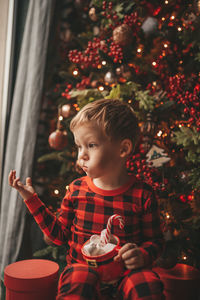 Portrait of cute baby boy decorating christmas tree at home