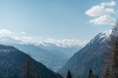 Scenic view of snow covered mountains against sky