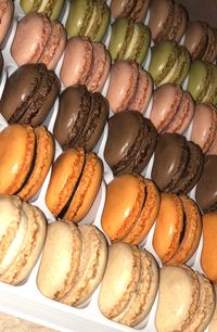 High angle view of macaroons in container